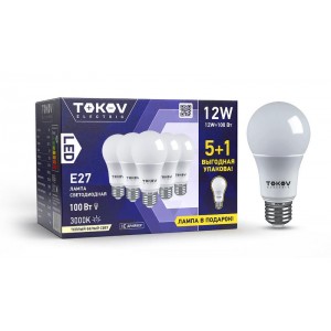 Набор ПРОМО лампа светодиодная 12Вт А60 3000К Е27 176-264В (Promo 5+1 шт) TOKOV ELECTRIC Promo-A60-E27-12-3K