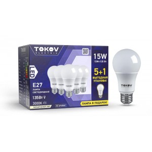 Набор ПРОМО лампа светодиодная 15Вт А60 3000К Е27 176-264В (Promo 5+1 шт) TOKOV ELECTRIC Promo-A60-E27-15-3K