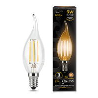 Лампа светодиодная филаментная Filament 9Вт свеча на ветру 2700К тепл. бел. E14 680лм GAUSS 104801109