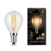 Лампа светодиодная филаментная Filament 11Вт шар 2700К тепл. бел. E14 720лм GAUSS 105801111