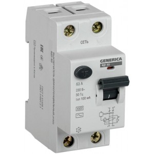 Выключатель дифференциального тока (УЗО) 2п 63А 100мА тип AC ВД1-63 GENERICA IEK MDV15-2-063-100